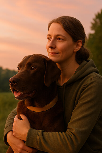frau hält braunen labrador im arm