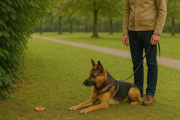 Hund ist an der Leine und liegt im Park und zeigt Giftköder an