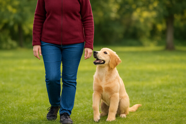 Hund sitzt aufmerksam neben Besitzerin
