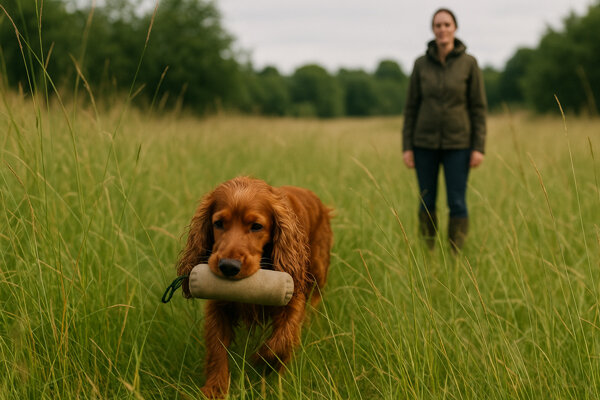 Cocker Spaniel trägt Dummy im Maul im hohen Gras