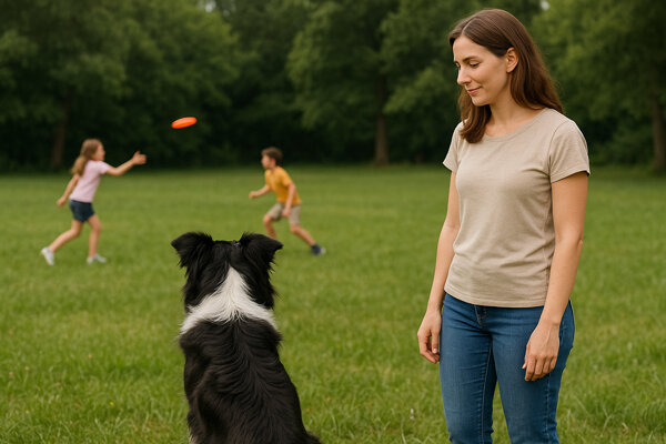 Hund sieht Kindern beim Frisbee spielen zu