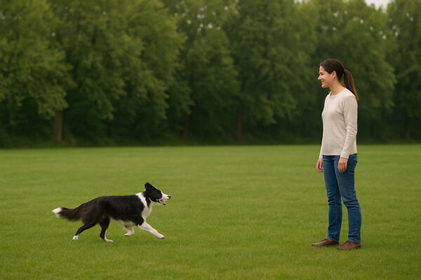 Border Collie rennt zu seinem Frauchen zurück