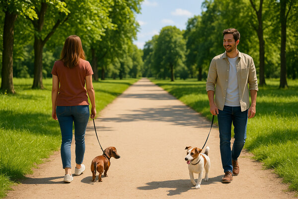Zwei Menschen gehen mit ihren Hund im Park entspannt aneinander vorbei