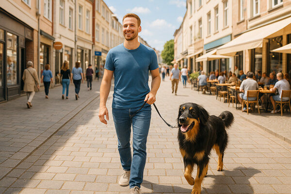 Mann geht entspannt mit seinem Hund an lockerer Leine durch die Stadt