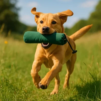 Hund trägt Dummy im Maul und läuft über die Wiese