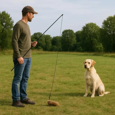 Mann hält Reizangel während sein Hund darauf wartet