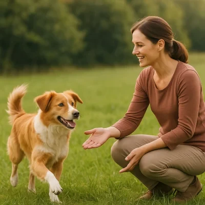 Hund läuft freudig zur knieenden Besitzerin zurück