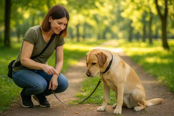 Frau und Hund schauen einen Giftköder gemeinsam am Boden an.