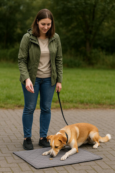 frau mit hund an der leine auf decke zum deckentraining