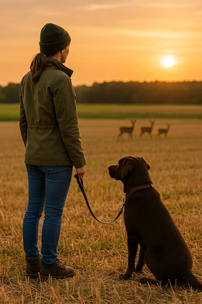 Frau und Hund sind am Feld und schauen Rehe in der Ferne an.