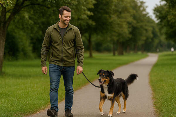 Mann im Park mit Hund an lockerer Leine