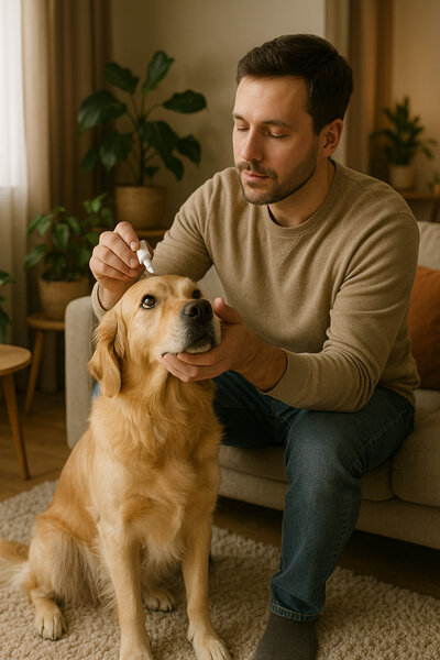 Mann gibt seinem Golden Retriever zu Hause Augentropfen